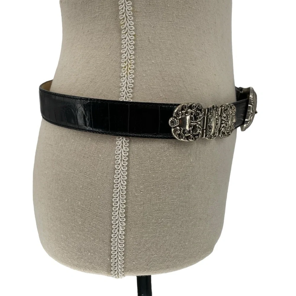 Fossil Black Croco Embossed Cowhide Belt Scrolled Silver Tone Accents/Buckle - L